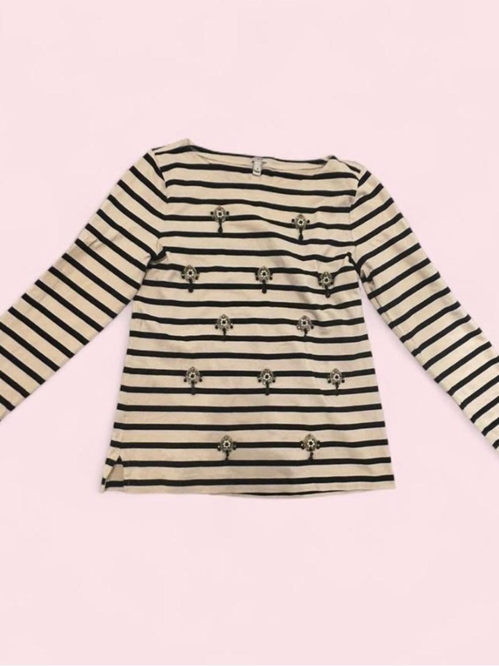 J. Crew Women’s Black & Cream Striped Top with Unique Jewel Detailing in size M